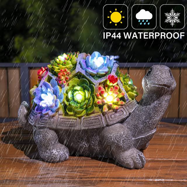 Solar-Powered Turtle Garden Statue with Succulent And 7 LEDs Large Tortoise Figurine for Outdoor Decor Perfect for Yard Lawn And Winter Season Great Gift Idea