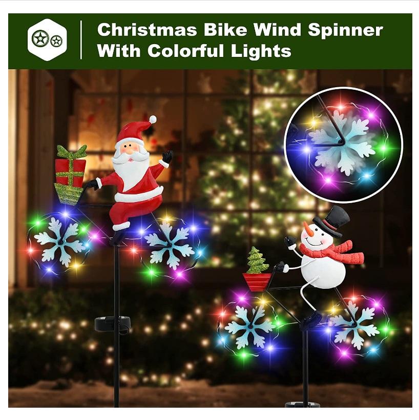 New Outdoor 2Pcs Set Bike Santa Small Snowman Solar Light Stakes For Garden Lawn Christmas Day Decoration