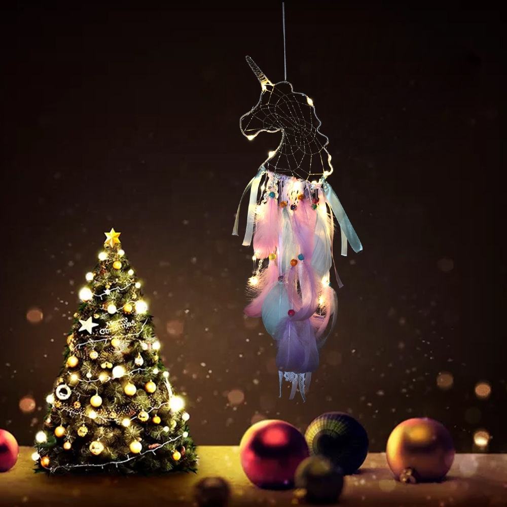 2022 New Unicorn Animals Diy With Led Light Dream Catcher Feather Pendant Wall Hanging Decor Bedroom Festival Gift Pendant