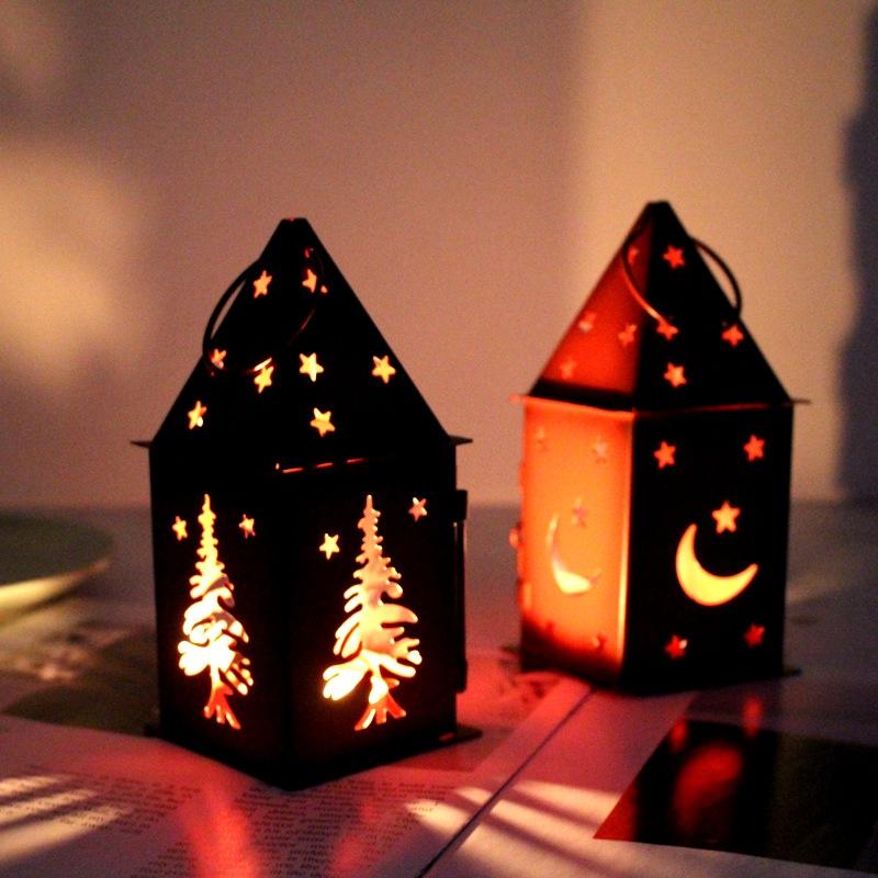 Outdoor Vintage Small Red Hallow Out Square Iron Wind Light Candle Holder For Christmas Celebration Decor