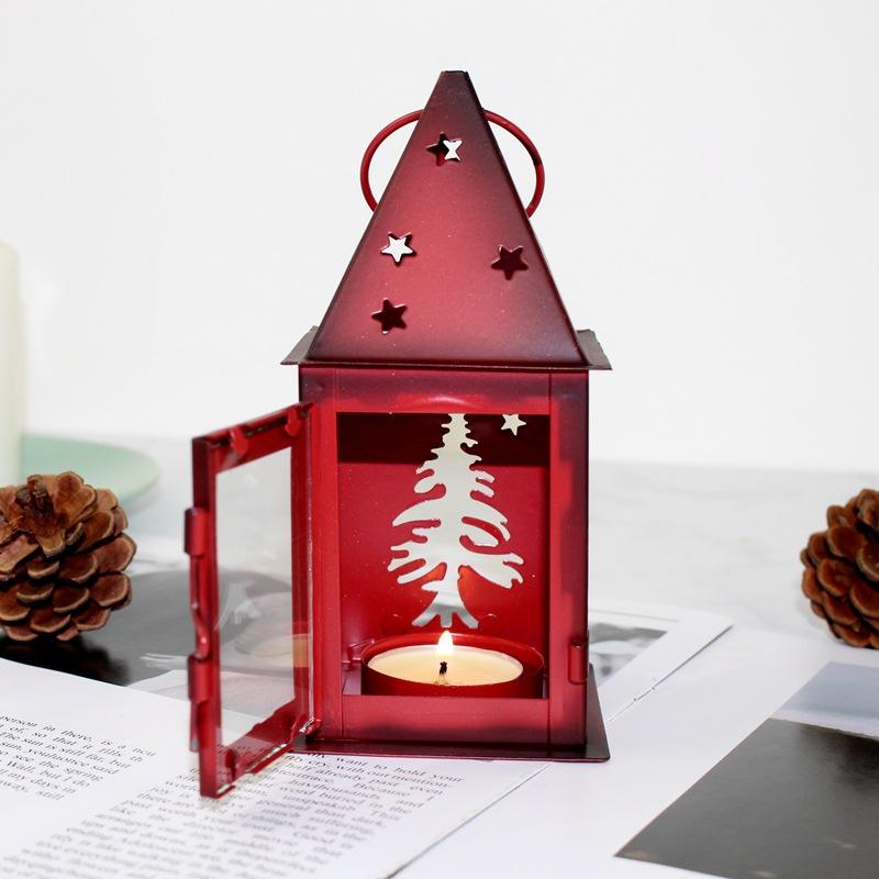 Outdoor Vintage Small Red Hallow Out Square Iron Wind Light Candle Holder For Christmas Celebration Decor