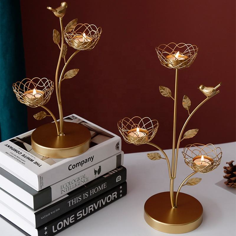 Luxury Romantic Gold Wrought Iron Leaf Bird Shaped Candle Holder For Decor Home Wedding Gifts