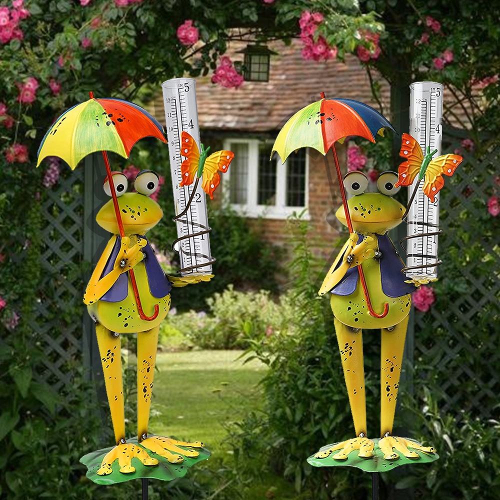 Outdoor Cute Personality Metal Umbrella Frog Rain Gauge Meter For Walkway Patio Pathway Yard Lawn Garden Decor