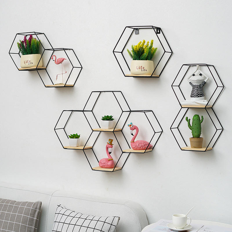 Nordic Storage Rack Living Room Hanging Creative Wall Hexagonal Combination Rack Wall Shelf Metal