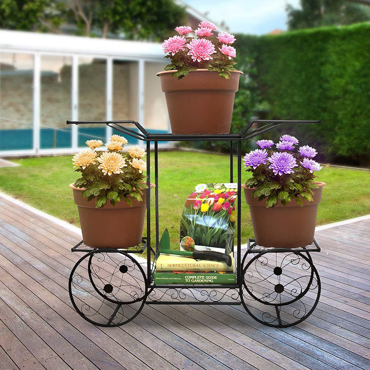 Indoor Outdoor Garden Modeling Corner Steel Flower Pot Black Metal Plant Stand With Four Rear Wheels