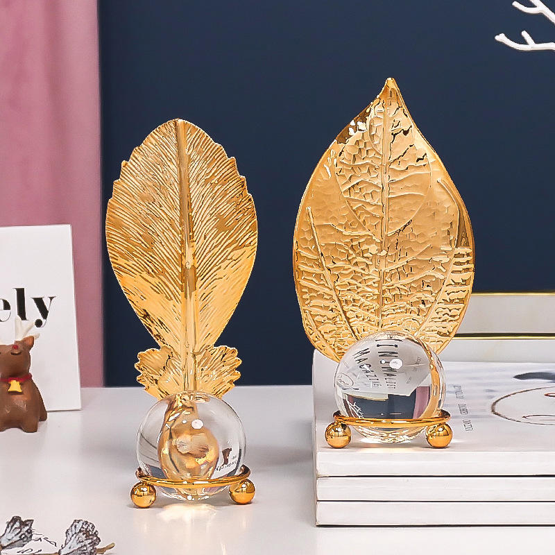 European-Style Iron Art Golden Leaf Crystal Ball Ornaments Creative Home Decoration Table