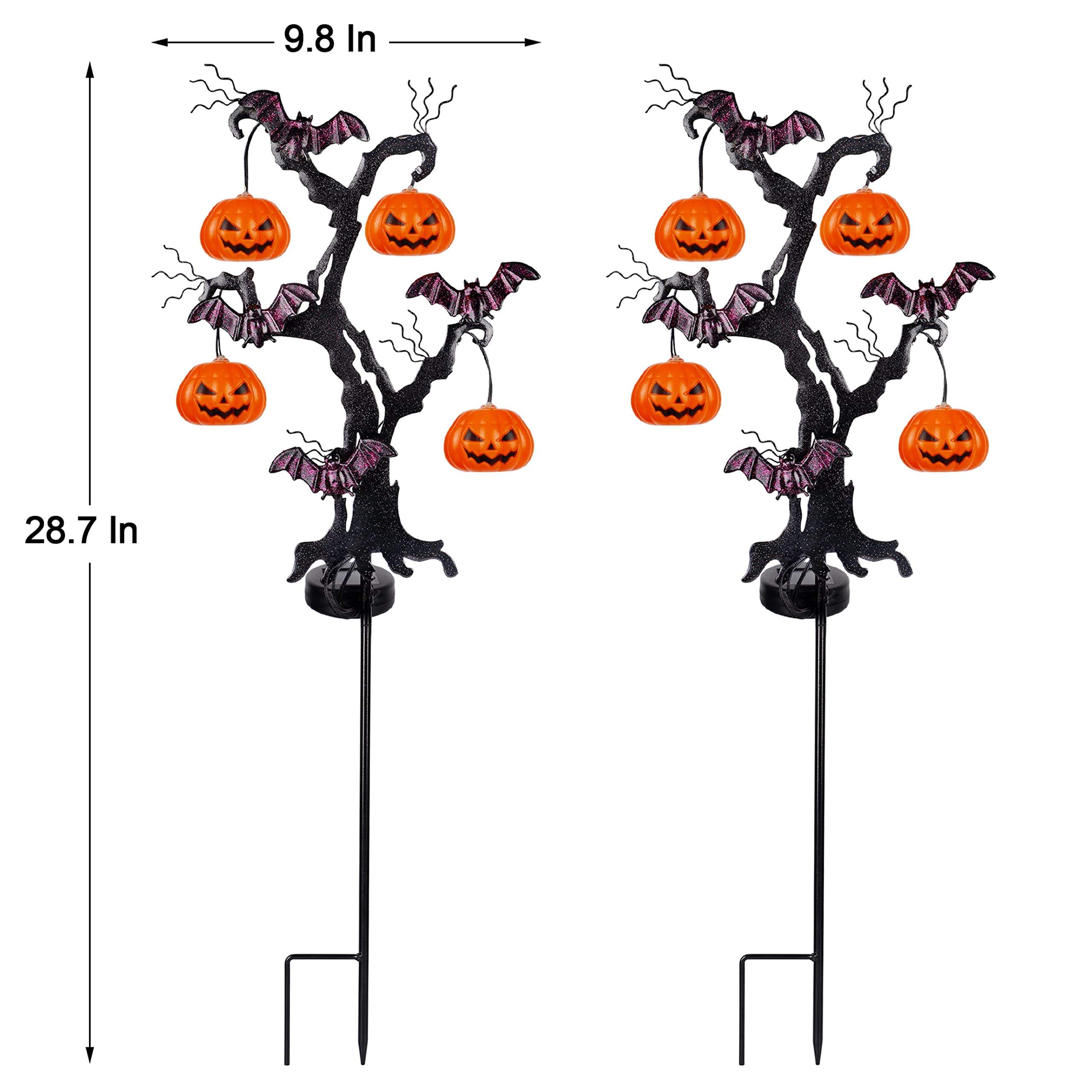 Outdoor Set Of 2 Led Solar Powered Pumpkin Tree Metal Garden Stakes For Halloween Lawn Yard Ornament