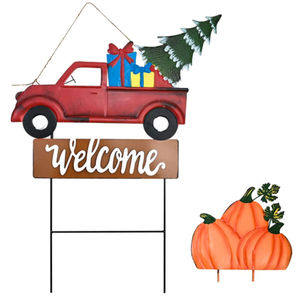 Metal Red Truck Christmas Tree Pumpkin Welcome Sign Stake And Door Hanging Interchangeable Decor