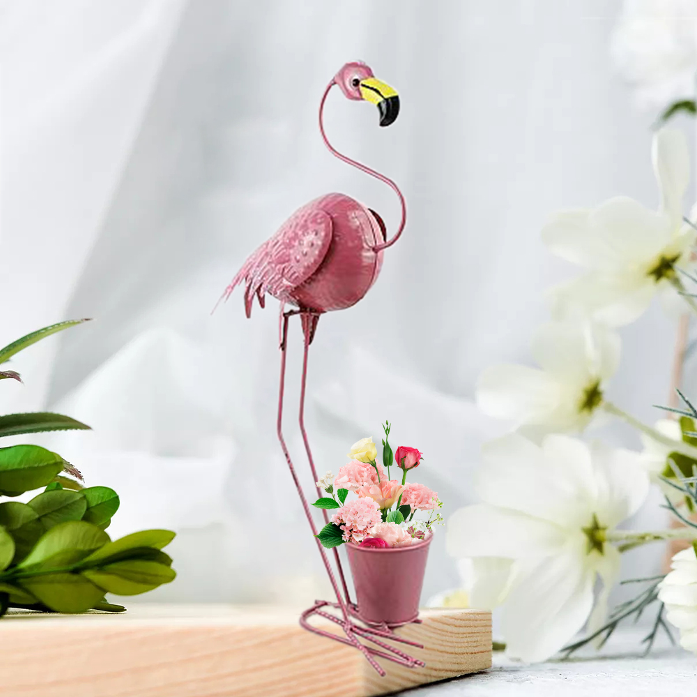 Customized Artificial Flamingo Planter Pink Metal Flower Pot For Outdoor Gardens Yard Decoration