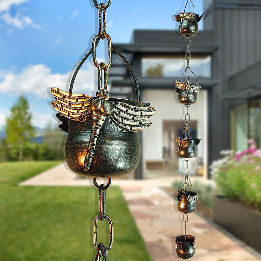 2.6M Vintage Heavy Duty Downspouts Rainwater Diverter Solid Metal Hand Craft Dragonfly Rain Chain Garden Decoration