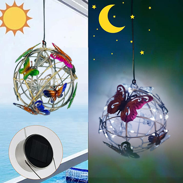 New Outdoor Waterproof Iron Led Butterfly Round Ball Solar Garden Lights For Patio Hanging Tree Decor Lamp