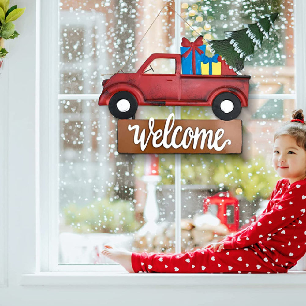 Metal Red Truck Christmas Tree Pumpkin Welcome Sign Stake And Door Hanging Interchangeable Decor