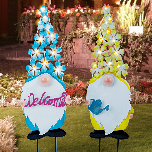 Waterproof Solar Easter Spring Gnomes Lighted Flower Hat Metal Yard Sign Art Garden Stakes Outdoor Decor