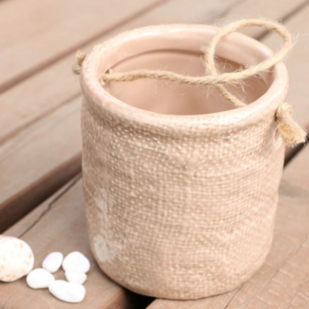 Japanese Style Retro Burlap Bag Creative Mini Round Ceramic Flower Pot For Home Groceries Craft Ornaments