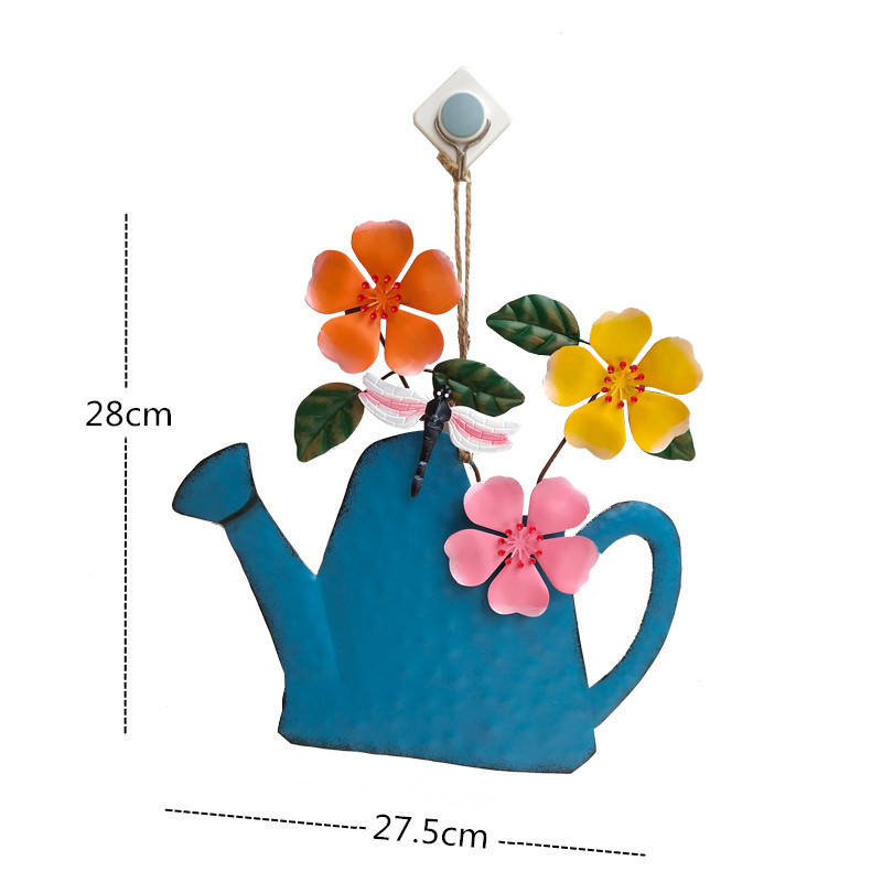 Outdoor Pastoral Style Iron Art Flowers Kettle Wall Decor For Courtyard Balcony Backyard Decoration Pendant