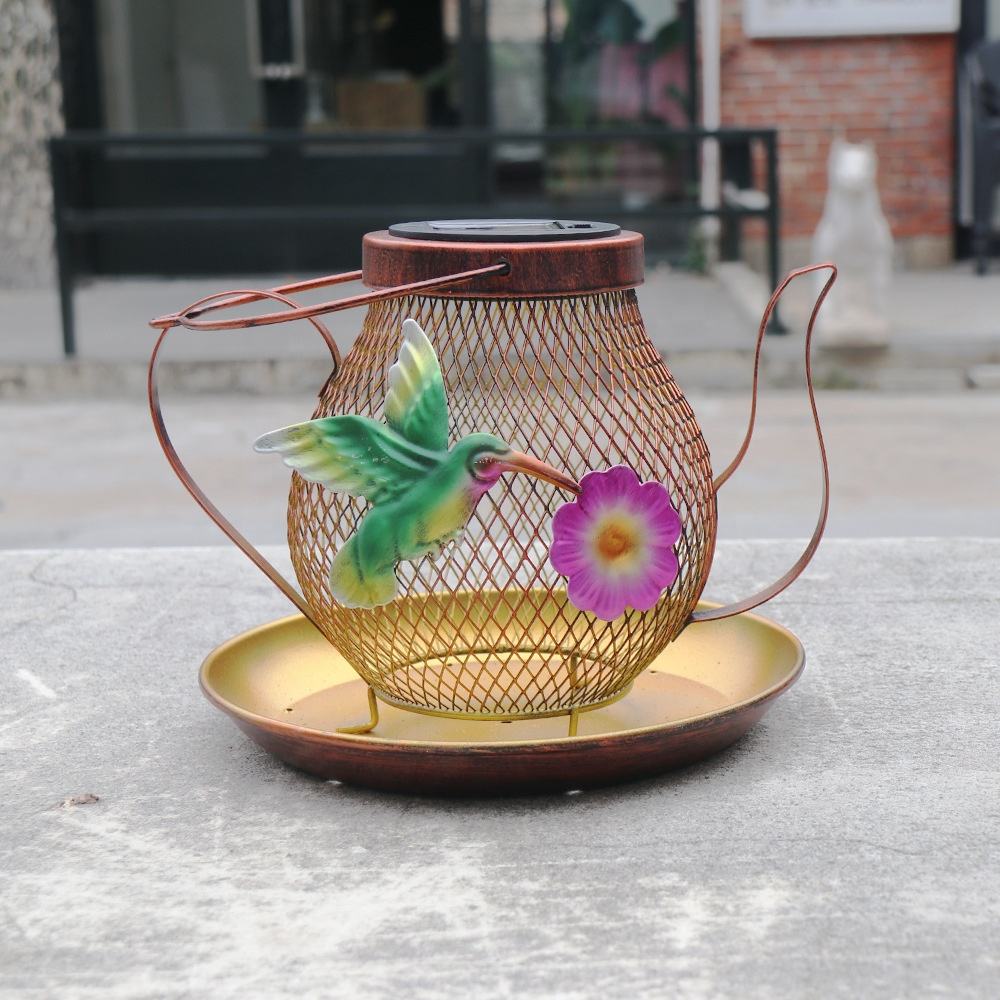 New Outdoor Hanging Metal Kettle Shape Bird Feeder With Solar Garden Lantern Wild Bird Lovers Feeders