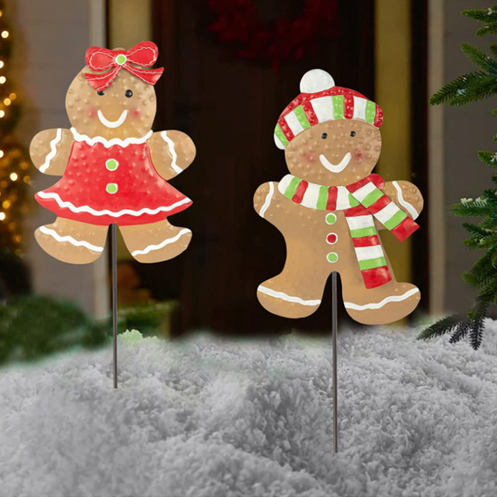Outdoor Christmas Gingerbread Boy Girl Metal Stakes For Holiday Decor Pathway Lawn Garden Party