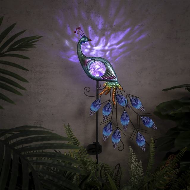 Customize Wholesale Metal Light Up Peacock Lawn Yard Art Ornament with Crackle Glass Ball