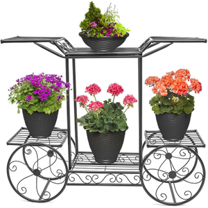 Indoor Outdoor Garden Modeling Corner Steel Flower Pot Black Metal Plant Stand With Four Rear Wheels